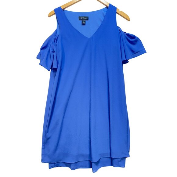 BCX Womens Cold Shoulder Shift Dress Size M Royal Blue V-Neck Ruffle Sleeve - Picture 1 of 10